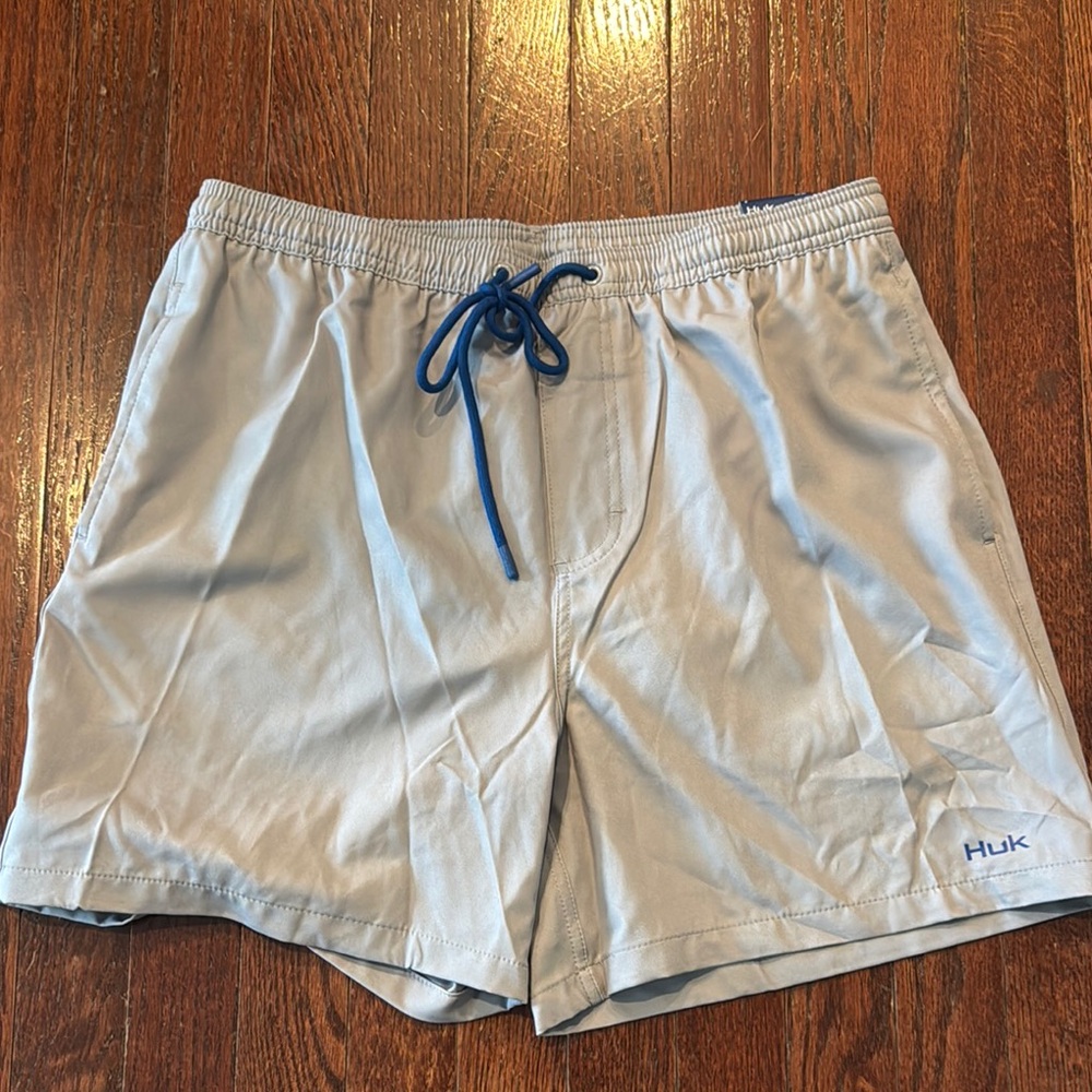 Huk Men's Light Gray Swim Trunks with Blue Drawstring